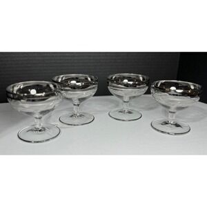 4 Vintage Silver Rimed Champagne MCM Glasses Elegant Crystal Four Silver Rings